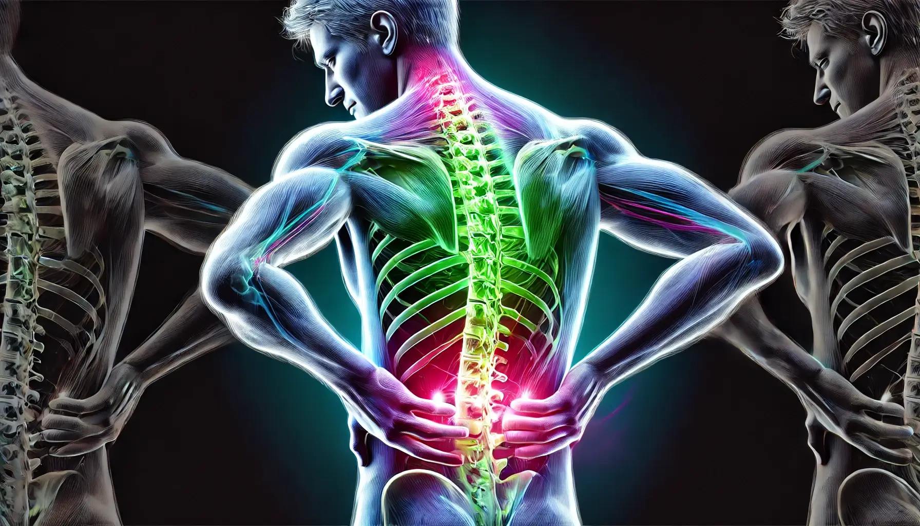 DALL·E 2024-10-26 12.02.33 – An illustration of a person experiencing lower back pain, with areas of pain highlighted in green and violet tones. The person is holding their lower